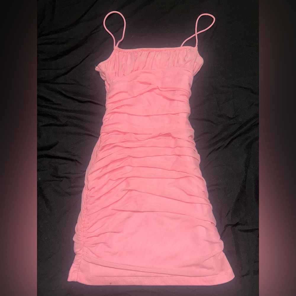 Pink Ruched Spaghetti Strap Dress